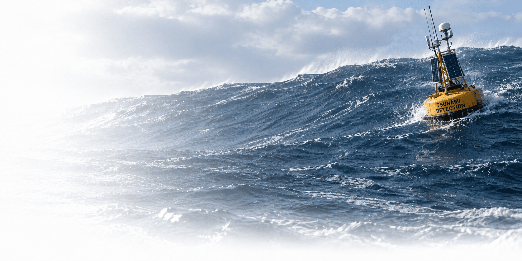 Dramatised concept artwork of a buoy labelled TSUNAMI DETECTION lifted by a broad rising mass of ocean water; not a scientific depiction of a deep-ocean tsunami